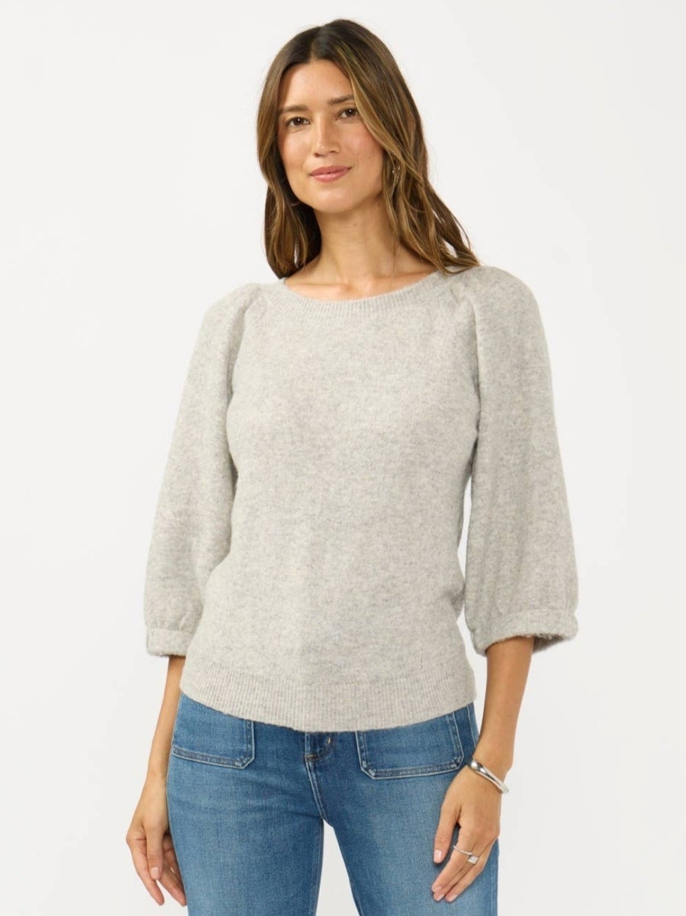 Love Stitch Light Gray Puff-Sleeve Crewneck Sweater